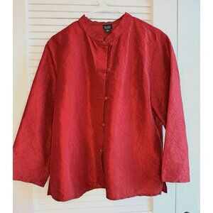 Eileen Fisher Red silk top Women’s Sz M mandarin collar crinkled texture Asian